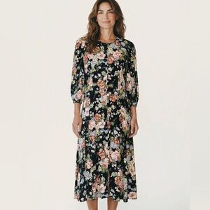 Vintage Jonathan Martin Black Floral Midi Dress | Romantic Long Sleeve